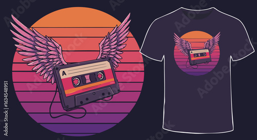 Retro Cassette Tape with Wings Vector Illustration for T-Shirt Design in Vaporwave Style with Sunset Colors