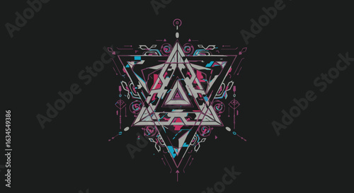 Geometric Vector Illustration with Abstract Triangular and Line Art Elements in Futuristic Style with Neon Pink Blue and Purple Colors