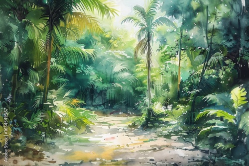 Fototapeta Naklejka Na Ścianę i Meble -  watercolour painting of the jungle landscape, a picturesque natural environment in soft harmonious colours