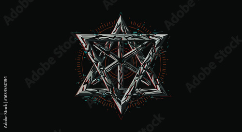 Vector Illustration of Geometric Star Shape with Abstract Lines in Modern Style with Metallic Gray and Red Accents