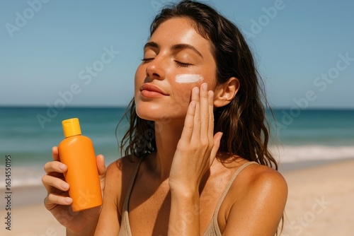 Woman applying sunscreen beach