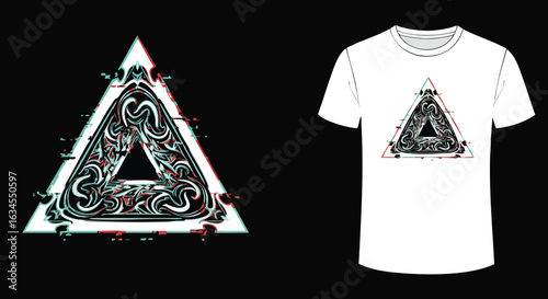 Modern Vector Illustration of Triangular Geometric Design with Abstract Swirling Patterns in Monochrome and Red Accents