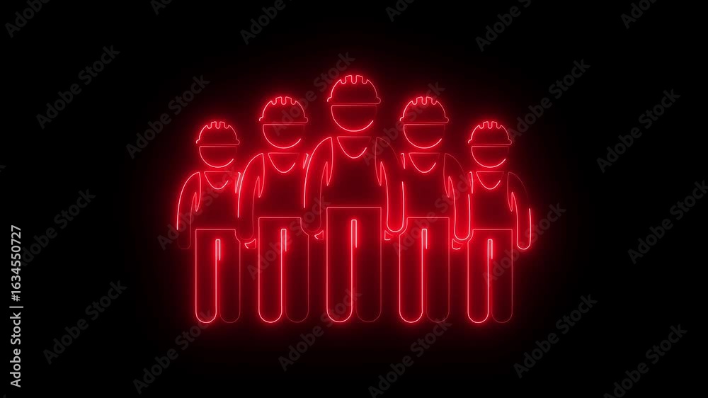 Red Neon Glow Construction Workers Team Silhouette on Black Background Industrial Labor Force Red Neon Glow Construction Workers Team Silhouette on Black Background Industrial Labor Force
