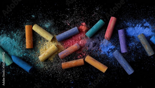 Broken crayons scattered on a black surface