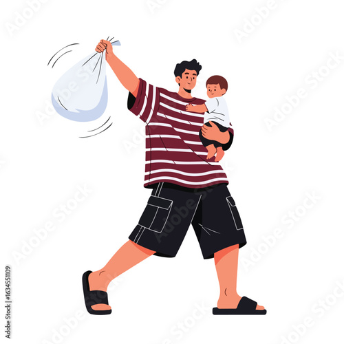 A vector illustration of a young man in casual clothing instilling in his child the habit of disposing of trash properly. The illustration's clean and playful style is perfect for modern web designs, 