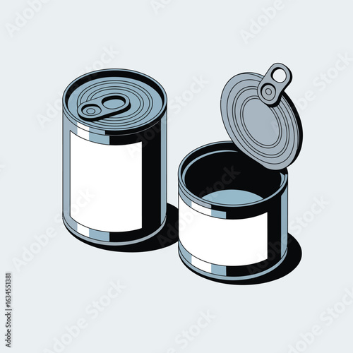 Two metal food cans one open one closed with blank labels