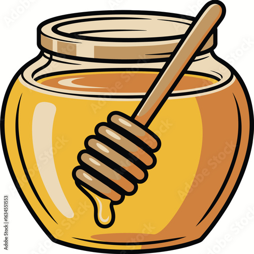 Golden honey in a glass jar with a wooden dipper