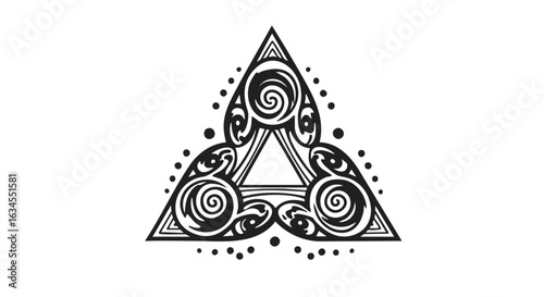 Geometric Vector Pattern with Spiral Elements and Triangle Structure in Modern Abstract Style with Black and White Colors for Versatile Design