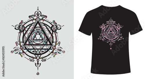 Geometric Vector Illustration of Sacred Triangle Symbol with Ornamental Elements in Modern Minimalist Style Black and Pink Colors