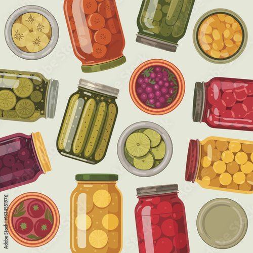 Assortment of preserved foods in glass jars and containers