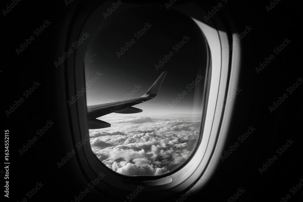 Fototapeta premium Black and white view from an airplane window. Clouds and wing