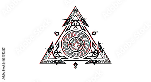 Minimalist Geometric Vector Pattern with Tribal Inspired Tribal Elements in Black Red and White Colors