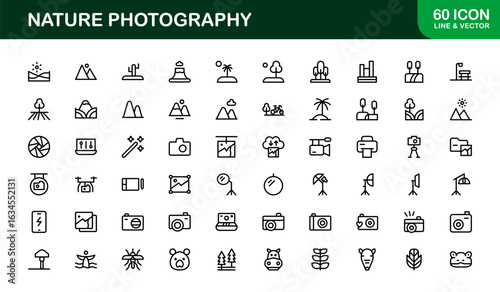 Nature Photography Line Icon Collection – Creative, premium, and clean vector icons illustrating natural landscapes and photography gear elements
