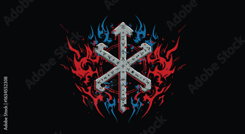Vector Illustration of a Gothic Cross with Flames in Dark Style and Metallic Colors