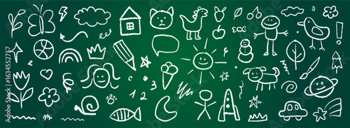 A collection of hand-drawn chalk doodles on a green chalkboard. Design elements for kindergarten, education, and children's creativity.