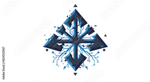 Futuristic Geometric Vector Illustration with Circuitry and Digital Elements in Modern Abstract Style with Blue and Dark Gray Colors