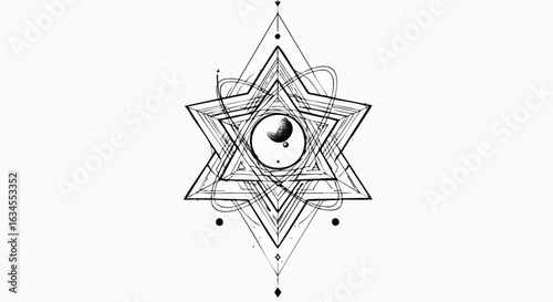 Vector Illustration of Sacred Geometric Star with Yin Yang Symbol in Modern Minimalist Style with Black and White Colors