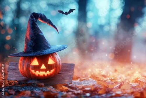 Halloween pumpkin with witch hat on a wooden sign in a magical forest, with glowing lights and flying bats. Halloween background with copy space for design. 