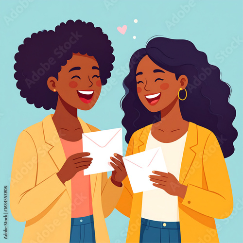 Two joyful Black women share happy news, exchanging letters, smiling broadly, expressing excitement and friendship.