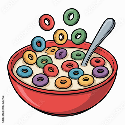 Colorful cereal rings floating in milk with a spoon