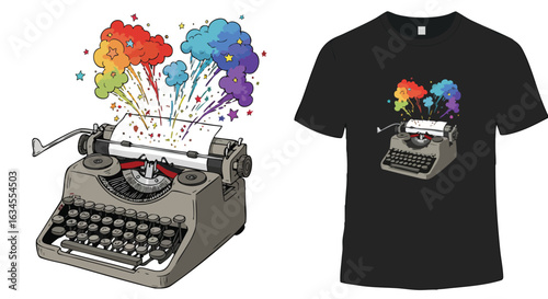 Vector Illustration of Vintage Typewriter with Colorful Cloud Burst in Modern Artistic Style for Creative Design