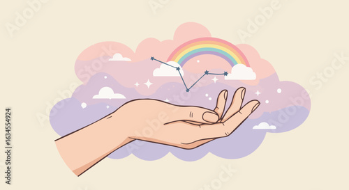 Minimalist Vector Illustration of Hand Holding Rainbow and Clouds in Dreamy Style with Soft Pastel Colors