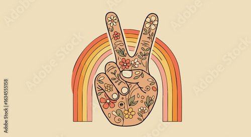 Minimalist Vector Illustration of Peace Hand Sign with Floral Pattern and Rainbow in Organic Style in Warm Earth Tones