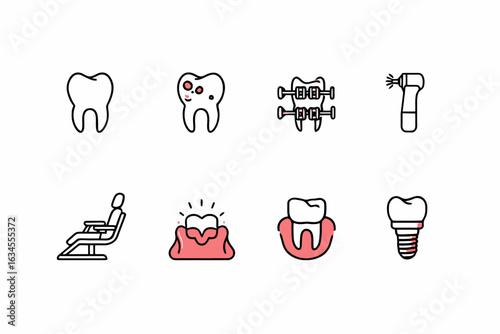 Dental Care Icons:  Healthy Teeth, Braces, Implants, and Gum Disease Illustrations in a Clean, Modern Style.