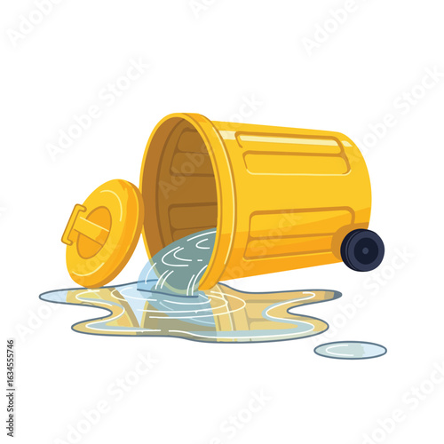 A vector of yellow trash cans with excess capacity, appearing scattered, dirty, and shabby. The illustration style is clean and pleasant, suitable for modern web designs, posters, or UI illustrations 