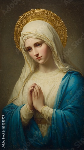 Portrait of Mother Mary,blue and white robe and golden halo,serene expression,gold background