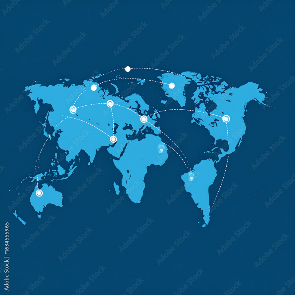 Obraz premium Global network map, showing interconnected locations across the world.