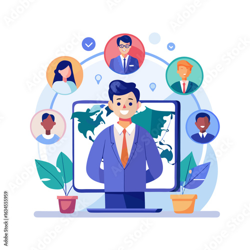 Professional Executive Having Video Conference Call with International Clients in Modern Office Setup | Remote Work Communication Vector Illustration