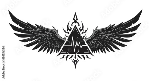 Vector Illustration of Abstract Winged Emblem with Geometric Elements in Modern Monochrome Style