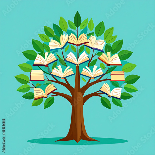 A vibrant tree laden with open books, symbolizing the growth and nourishment of knowledge and learning.
