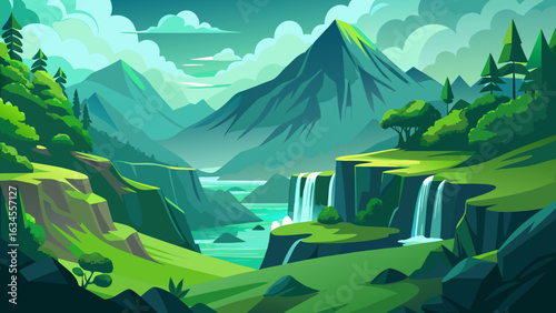 Vector art of majestic green mountains with multiple waterfalls plunging into a serene river, surrounded by lush forests and rolling hills under a dramatic sky