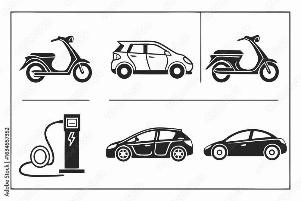 Naklejka premium Electric Scooters and Cars Charging Station Icons.