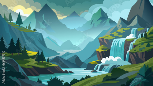 Vector art of majestic mountain landscape with a powerful waterfall cascading into a serene river, surrounded by lush green forests and dramatic peaks under a cloudy sky