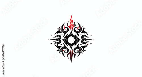 Vector Tribal Tattoo Style Design with Flame Elements in Black Red Colors in Symmetrical Pattern