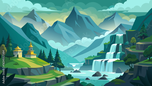 Vector art of an artistic depiction of a serene mountain landscape with multiple waterfalls, a flowing river, and a small village nestled on a green hillside under a dramatic sky