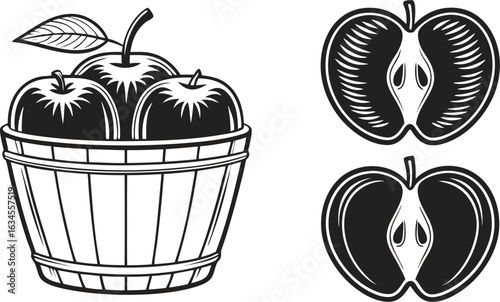 Rustic wooden bucket overflowing with fresh whole and halved apples