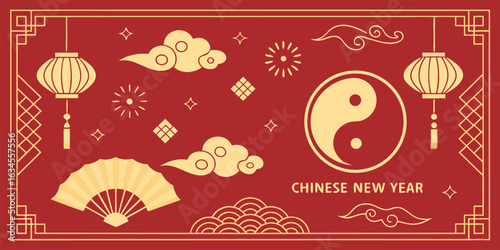 Isolated traditional Chinese New Year symbols, red background, lanterns, dragons, cloud motifs, calligraphy, yin yang, decorative patterns, festive elements, cultural vector celebration design