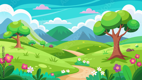 Vector art of charming cartoon scenery featuring undulating green hills, blooming flowers, and stylized trees, with a winding path leading through the idyllic landscape under a bright sky