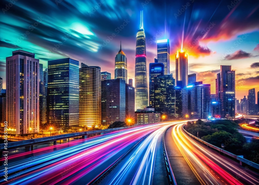 Fototapeta premium Glowing Cityscape at Night: Stunning Urban Panorama Stock Photo