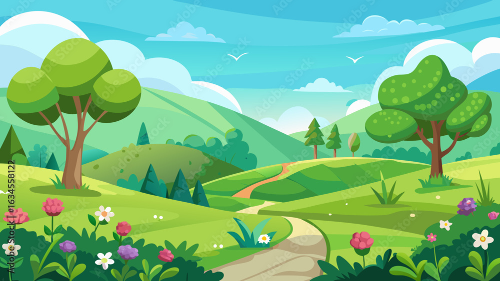 Fototapeta premium Vector art of vibrant cartoon landscape with rolling green hills, a winding dirt path, and colorful flowers under a bright blue sky with fluffy clouds