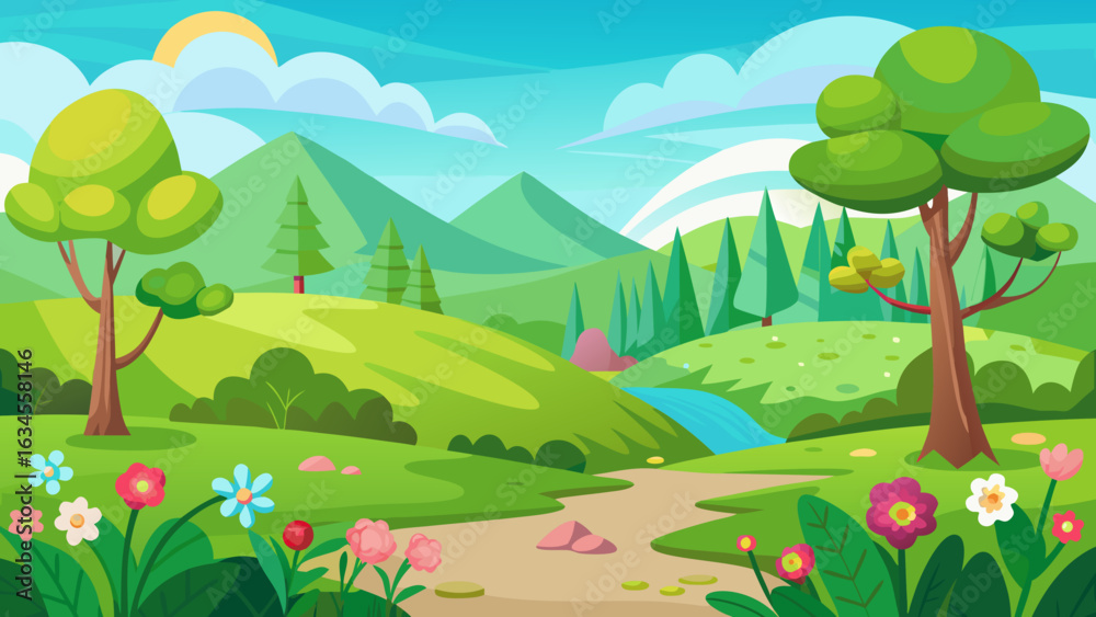 Fototapeta premium Vector art of idyllic cartoon scenery featuring rolling green hills, a meandering path, blooming flowers, and distant mountains under a sunny sky