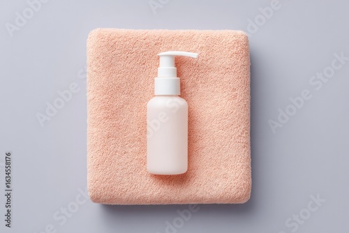 Minimalist skincare setup featuring pump bottle on soft towel, s