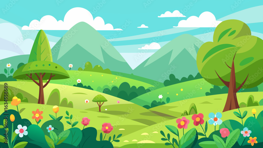 Obraz premium Vector art of vibrant spring landscape with rolling green hills, blooming flowers, lush trees, and a winding path under a blue sky with fluffy clouds