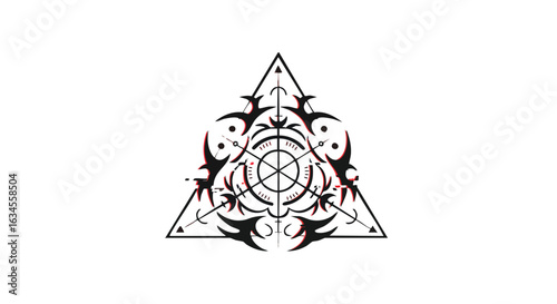 Vector Illustration of Tribal Geometric Pattern with Sharp Angular Shapes and Symmetrical Design in Black Red Colors