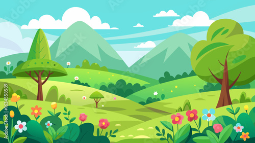 Vector art of vibrant spring landscape with rolling green hills, blooming flowers, lush trees, and a winding path under a blue sky with fluffy clouds