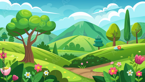Vector art of idyllic natural scenery with gentle green hills, diverse trees including cypress, vibrant flowers, and a meandering dirt path